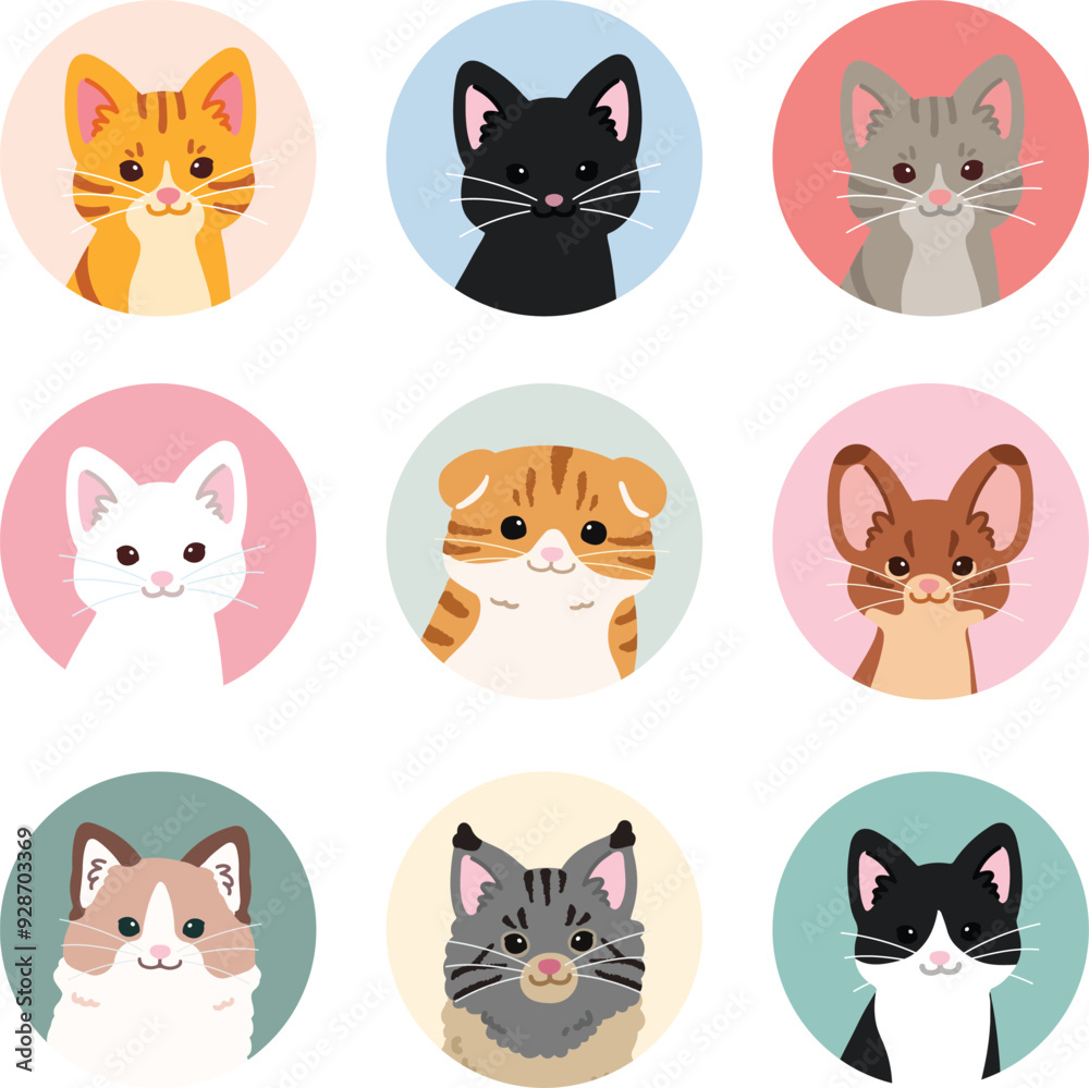 Simple and adorable cats circle icons set Simple and adorable cats circle icons set