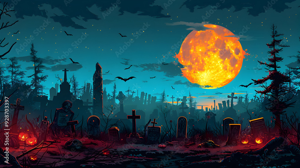 A spooky Halloween scene with a full moon, bats, and a creepy graveyard filled with tombstones and skeletons A spooky Halloween scene with a full moon, bats, and a creepy graveyard filled with tombstones and skeletons