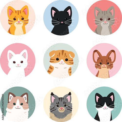 Simple and adorable cats circle icons set