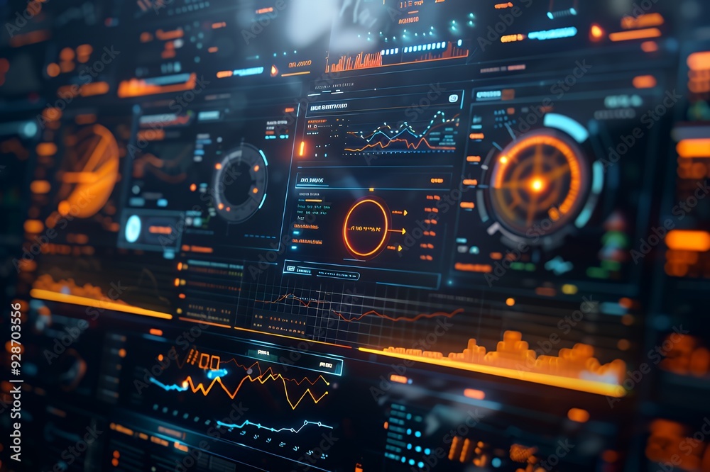 Close-up of futuristic digital interface with glowing orange and blue elements, displaying various charts, graphs, and data. Close-up of futuristic digital interface with glowing orange and blue elements, displaying various charts, graphs, and data.