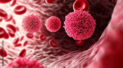 Metastatic breast cancer cells spreading through bloodstream 3D illustration
