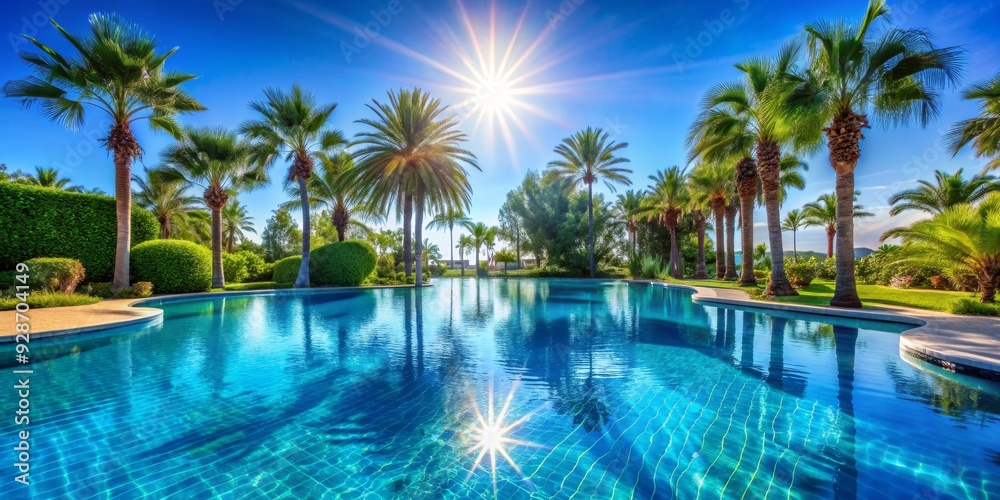 Fototapeta premium Palm Trees and Sun Reflecting on the Surface of a Crystal Clear Pool, Swimming Pool, Palm Trees, Resort, Luxury Vacation, Paradise