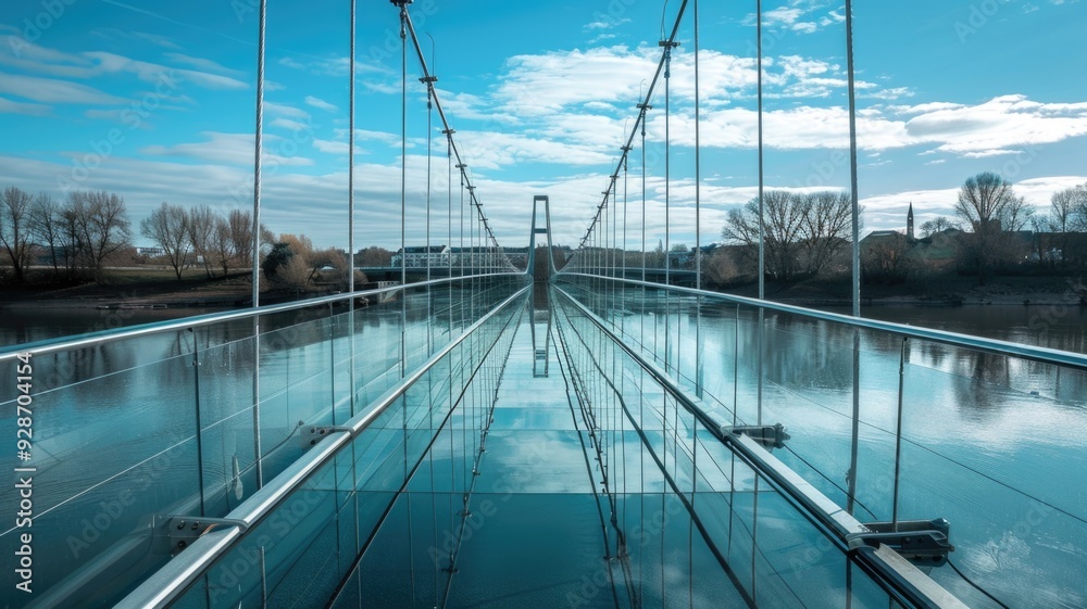Obraz premium An elegant glass bridge spanning across a river, with reflections of the sky and water