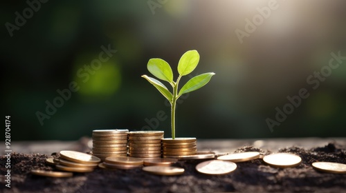 A young green plant emerging from a pile of shiny coins  photo