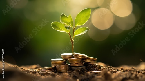 A young green plant emerging from a pile of shiny coins  photo