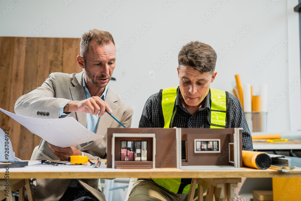 A Caucasian middle-aged male engineer contractor and an Italian architect engineer are seated at a desk, discussing renovation plans with blueprints and a house model in front of them. A Caucasian middle-aged male engineer contractor and an Italian architect engineer are seated at a desk, discussing renovation plans with blueprints and a house model in front of them.