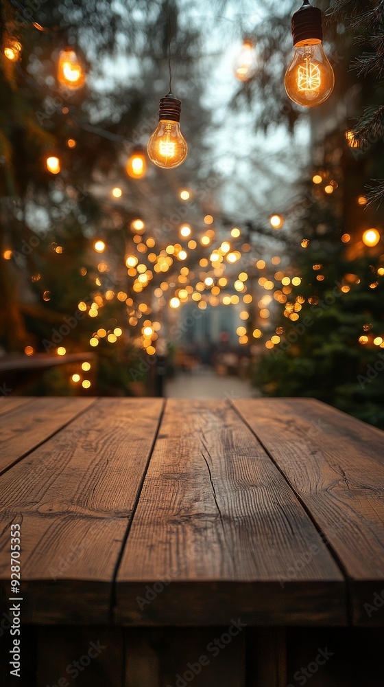Empty wooden table against soft bokeh background of warm, glowing garlands. Empty wooden table against soft bokeh background of warm, glowing garlands.