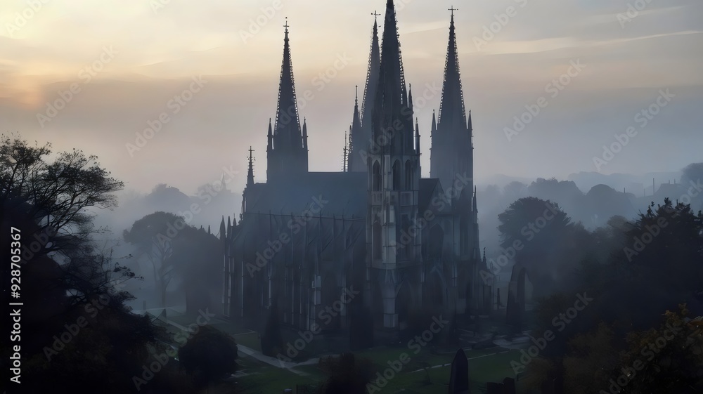 Gothic cathedral at dusk with towering spires and misty graveyard Gothic cathedral at dusk with towering spires and misty graveyard