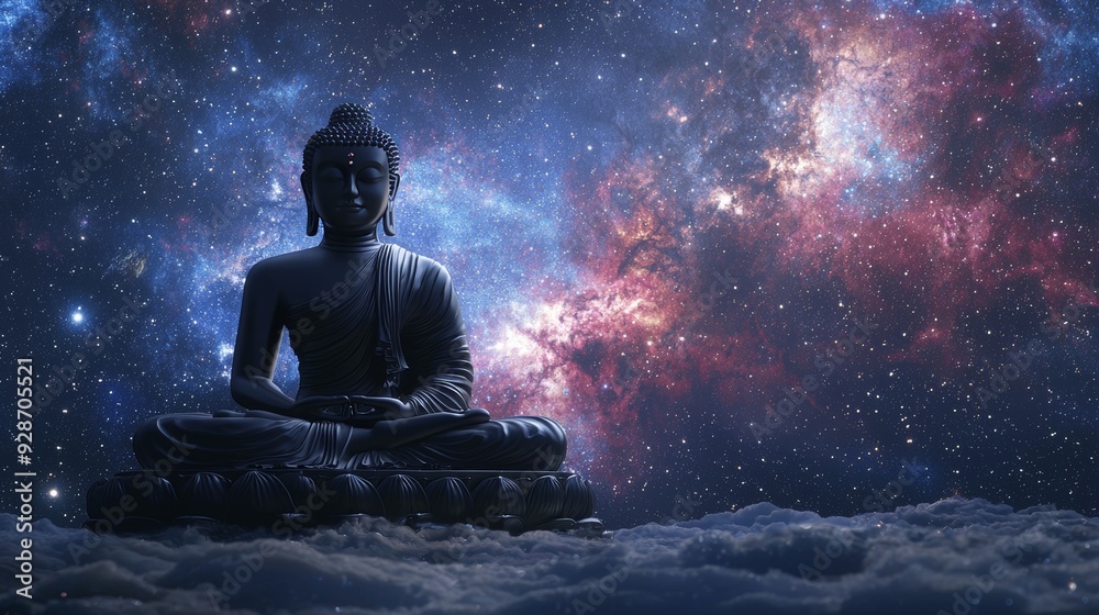 Buddha Statue Above Clouds with Starry Galaxy Background Buddha Statue Above Clouds with Starry Galaxy Background