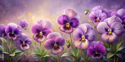 Purple Pansy Blooms in a Soft Glow, digital art, flowers, nature, garden , pansy, flowers