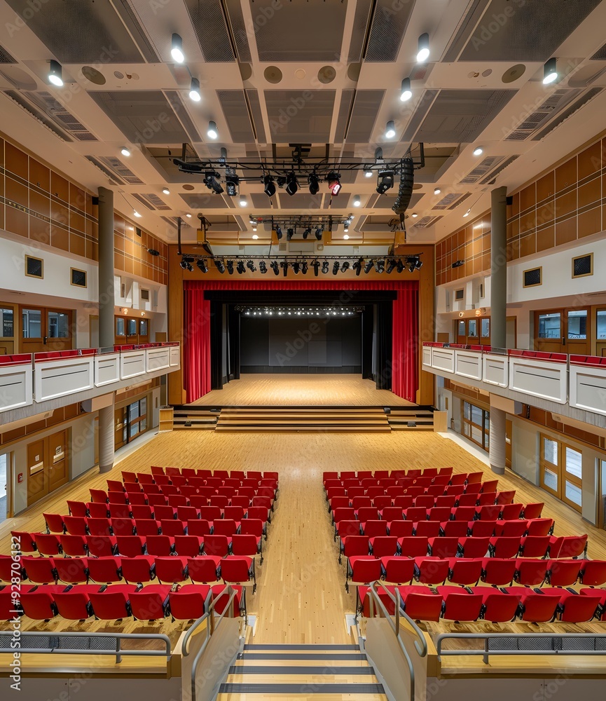 Naklejka premium Empty Auditorium with Red Seats and Stage