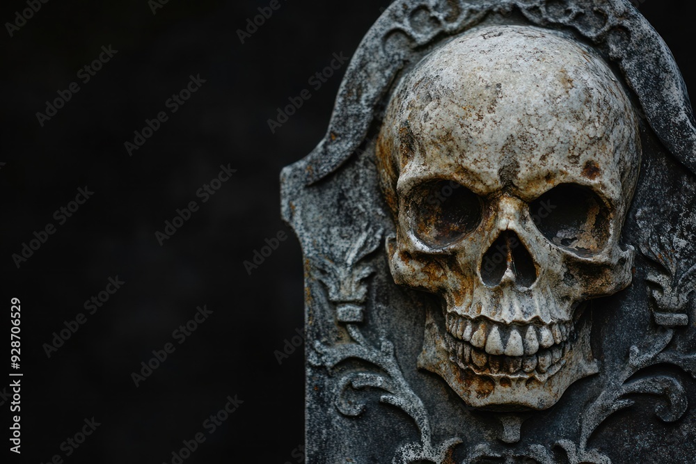 Weathered Stone Skull Carving on a Tombstone Weathered Stone Skull Carving on a Tombstone