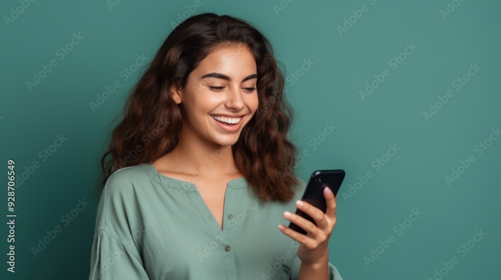 Attractive young woman in a stylish top, grinning while holding a smartphone Attractive young woman in a stylish top, grinning while holding a smartphone