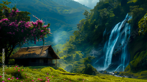 Wallpaper Mural Beautiful hillside hut with waterfalls. Torontodigital.ca