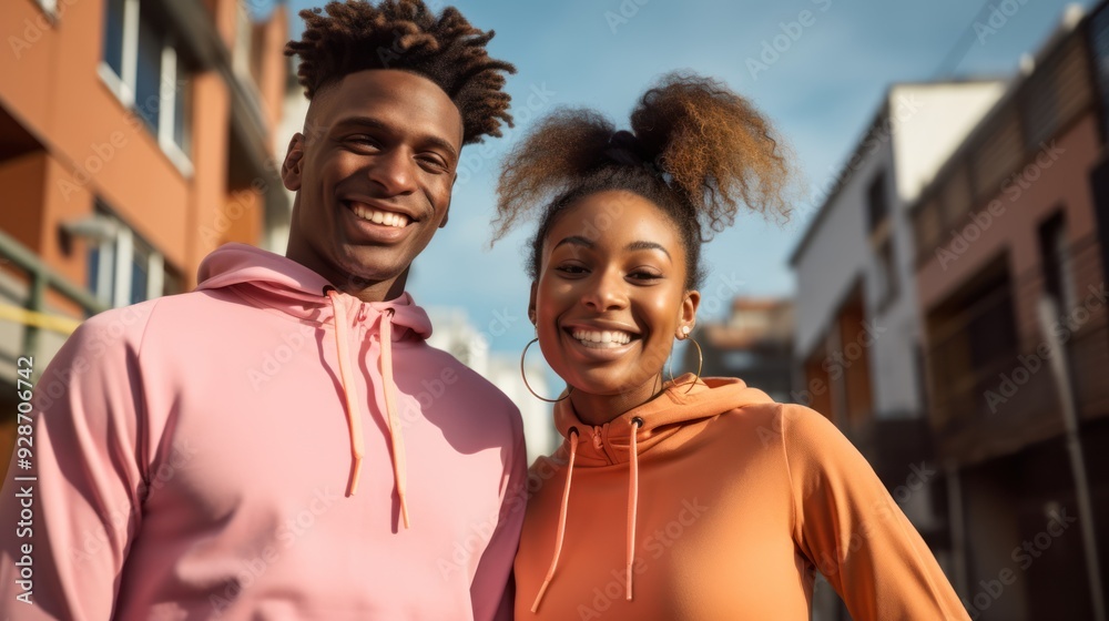Naklejka premium Black woman and happy athlete pose together, 