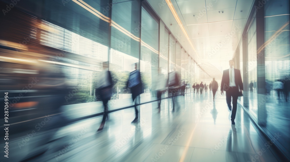 Blurry  of professionals in a polished, high-tech office space, 