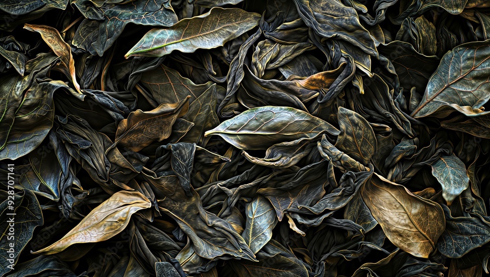 Dried Leaf Composition. This image showcases a dense arrangement of dark, crinkled leaves in various shades, creating a rich, textured organic pattern. Dried Leaf Composition. This image showcases a dense arrangement of dark, crinkled leaves in various shades, creating a rich, textured organic pattern.