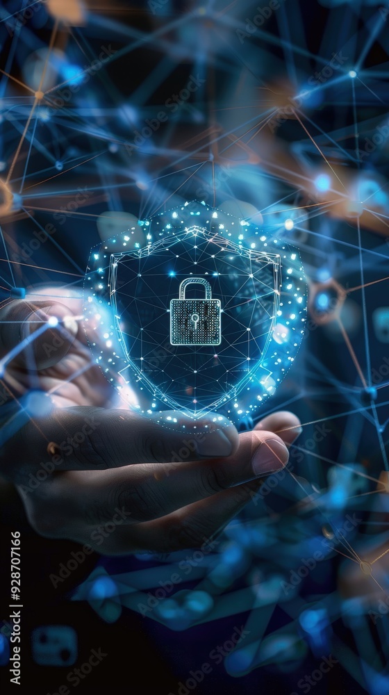 Hand holding digital shield Hand holding digital shield