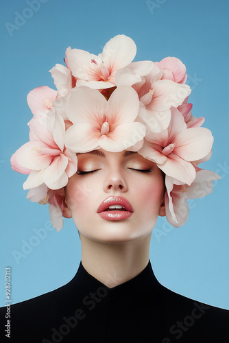 A beautiful woman with flowers on her head, eyes closed, pink lips, wearing a black top, against a light blue background, fashion photography portrait.