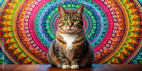 Colorful pet mandala feel of a cat sitting in a dignified posture, with a sensual expression, Cat, colorful, mandala, feel