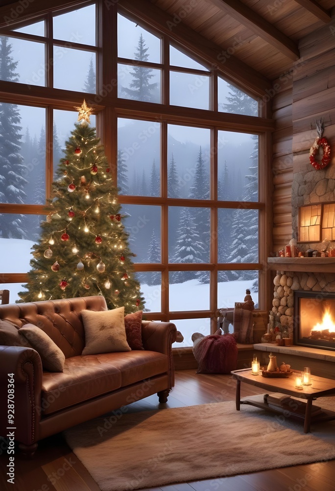 Fototapeta premium A cozy living room with a decorated Christmas tree, a tufted leather sofa, and a window overlooking a snowy outdoor scene, christmas' eve vibes background 