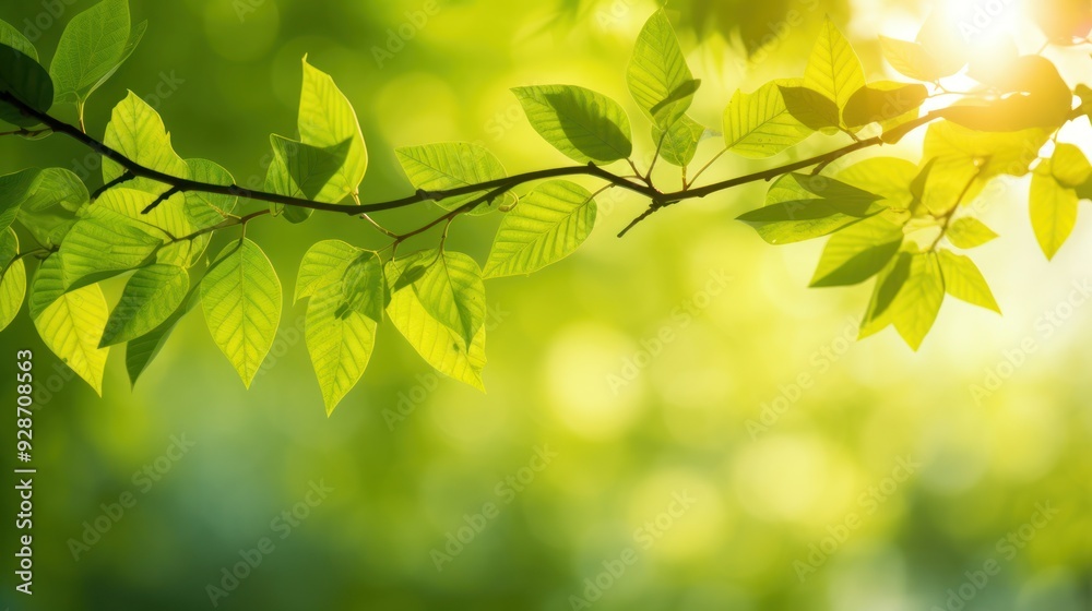Bright green leaves on a tree branch, 