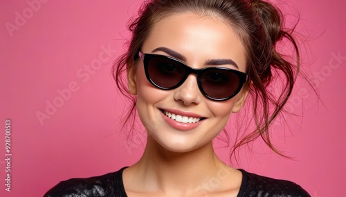 portrait of happy woman on pink background