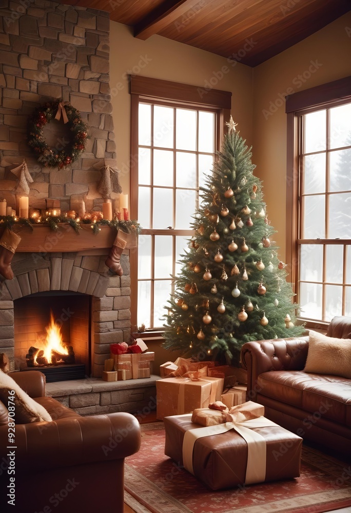 A cozy living room with a decorated Christmas tree, a tufted leather sofa, and a window overlooking a snowy outdoor scene, christmas' eve vibes background A cozy living room with a decorated Christmas tree, a tufted leather sofa, and a window overlooking a snowy outdoor scene, christmas' eve vibes background