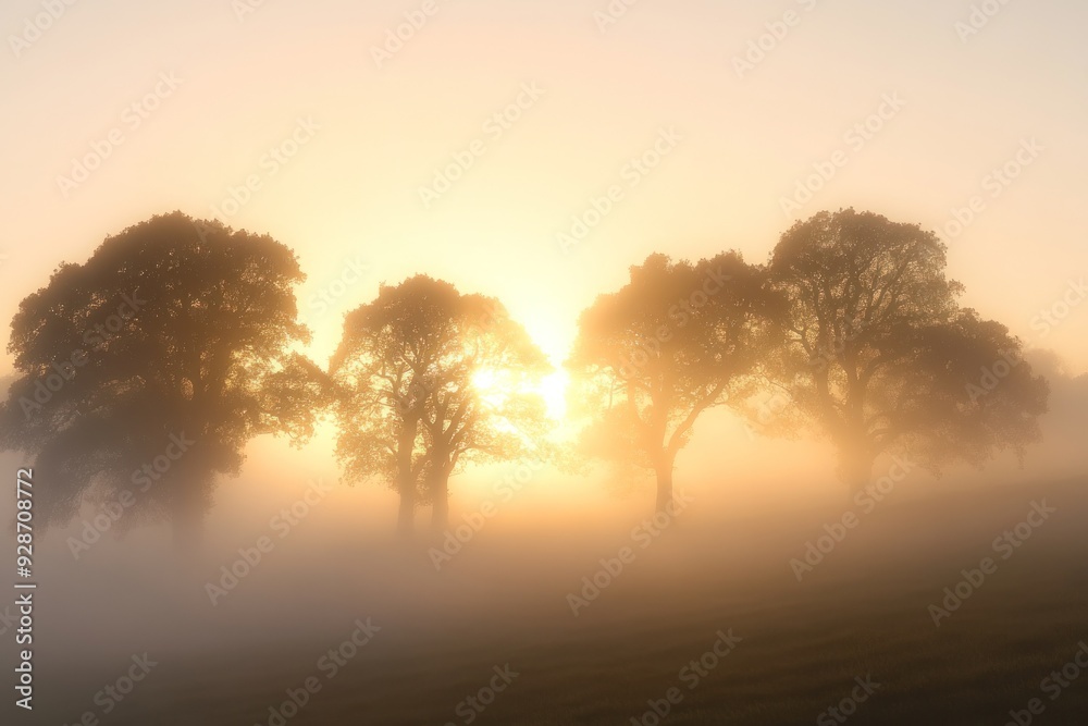 Fototapeta premium Silhouettes of Trees in a Foggy Sunrise