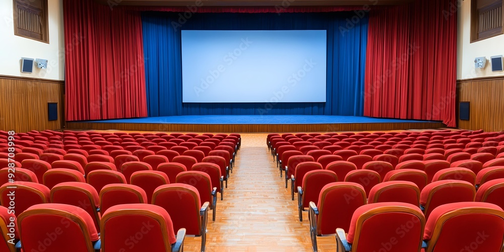 Fototapeta premium Empty Auditorium with Red Seats and Large Screen