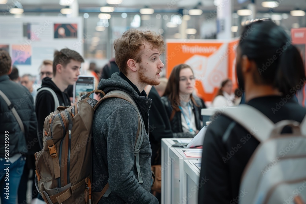 Young man with backpack at a career fair speaking with a representative Young man with backpack at a career fair speaking with a representative