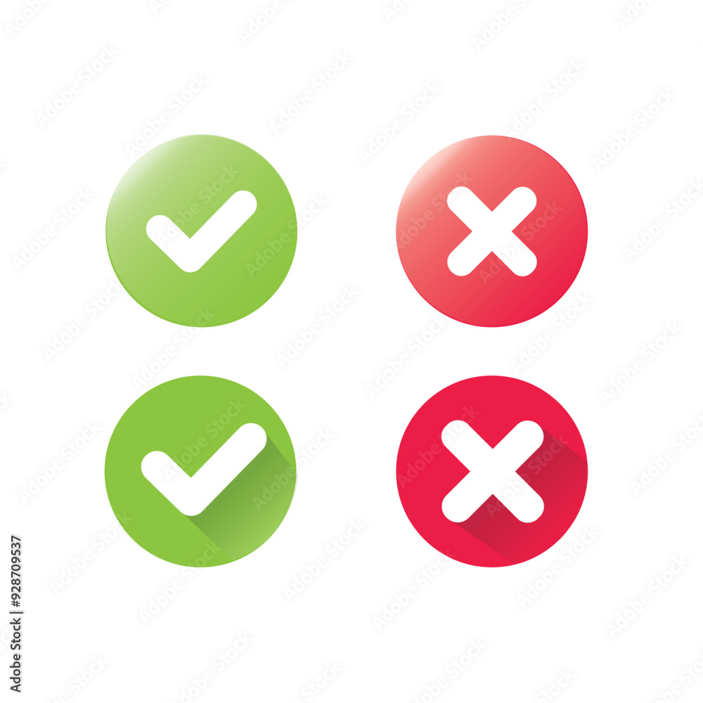 Fototapeta premium Green check and red cross symbols, squared vector signs. 