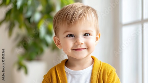 A cheerful three-year-old boy wearing a yellow sweater and white T-shirt beams with joy in a sunlit living room