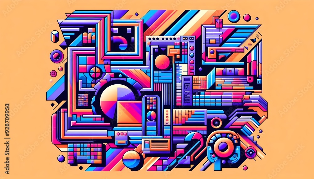Obraz premium Y2K Aesthetic This vibrant and dynamic illustration showcases a captivating blend of geometric shapes, bold colors, and abstract elements, reminiscent of the Y2K aesthetic