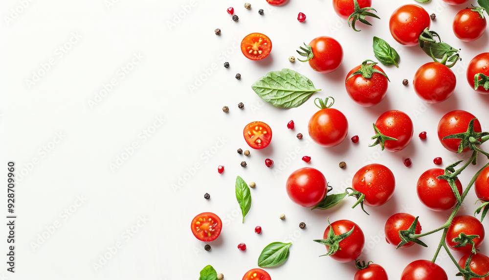 Fresh cherry tomatoes and slices on white background