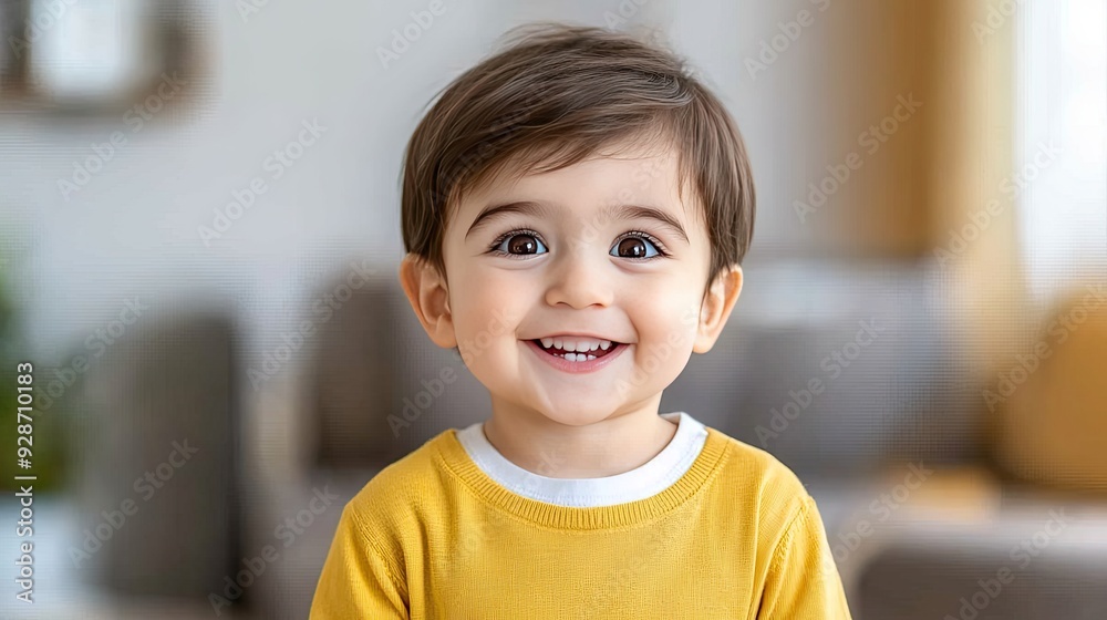 A cheerful three-year-old boy wearing a yellow sweater and white T-shirt beams with joy in a sunlit living room A cheerful three-year-old boy wearing a yellow sweater and white T-shirt beams with joy in a sunlit living room