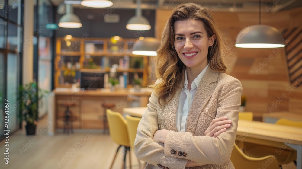 Confident businesswoman with crossed arms smiling in modern office, facing camera, embodying success in professional attire with sleek hairstyle. Confident businesswoman with crossed arms smiling in modern office, facing camera, embodying success in professional attire with sleek hairstyle.