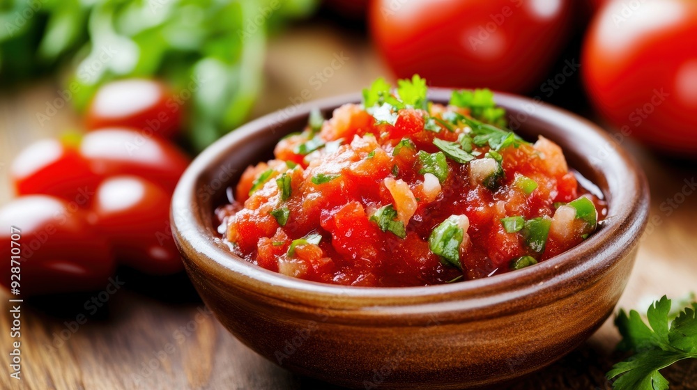 Fresh tomato salsa in a wooden bowl, garnished with cilantro. Perfect for adding flavor to your dishes and enhancing meals.