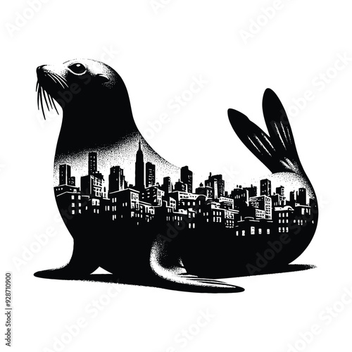 silhouette of Seal posefilled with ghetto street in rough drawing,