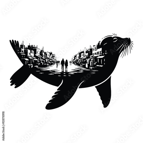 silhouette of Seal filled with ghetto street in rough drawing,