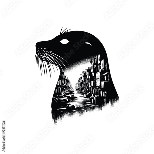 silhouette of Seal filled with ghetto street in rough drawing,