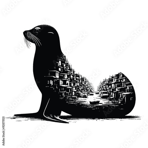 silhouette of Seal posefilled with ghetto street in rough drawing,