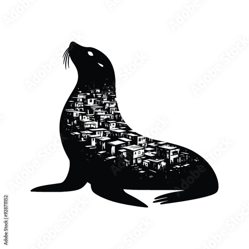 silhouette of Seal posefilled with ghetto street in rough drawing,