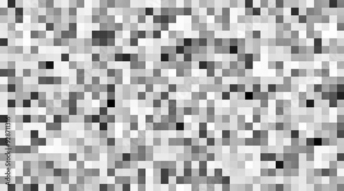 A black and white image of a pixelated pattern. The image is monochromatic and has a pixelated texture