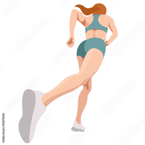 vector image of a slim girl in sportswear (shorts and sports bra) running. running view from below. angle from below. view from below. isolated on white background. woman running. morning jog. jogging