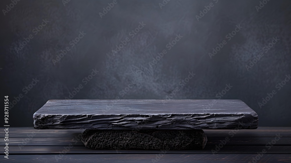 Dark Grey Stone Slab on a Wooden Table With a Dark Grey Background Dark Grey Stone Slab on a Wooden Table With a Dark Grey Background