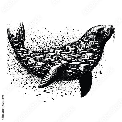 silhouette of Seal filled with ghetto street in rough drawing,