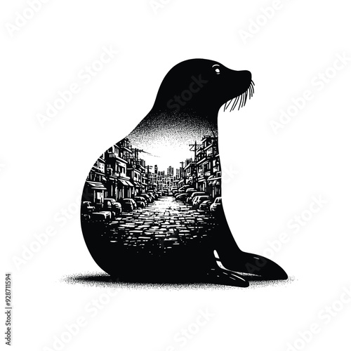 silhouette of Seal posefilled with ghetto street in rough drawing,