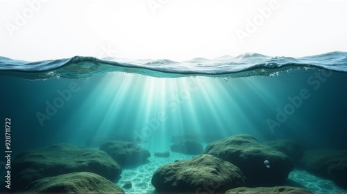 Sun rays penetrate the clear water, illuminating moss-covered rocks on the ocean floor, creating a serene and tranquil underwater landscape.