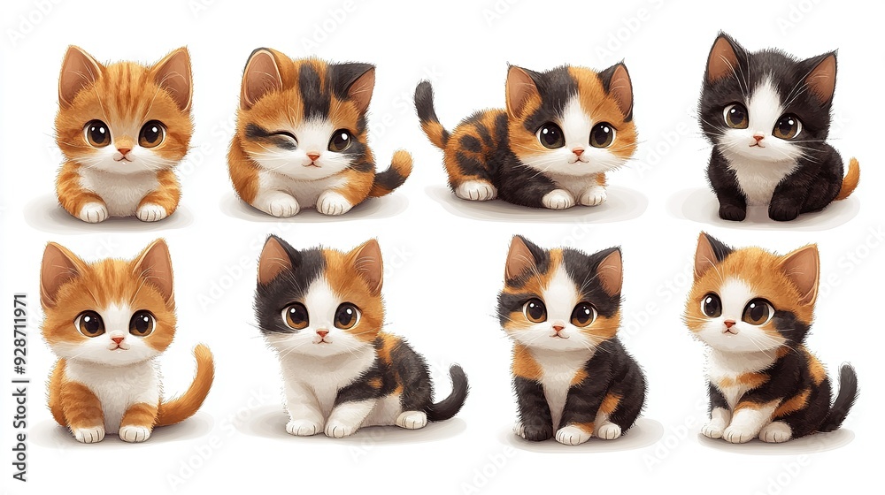 Eight Adorable Kittens in Various Poses with Big Eyes